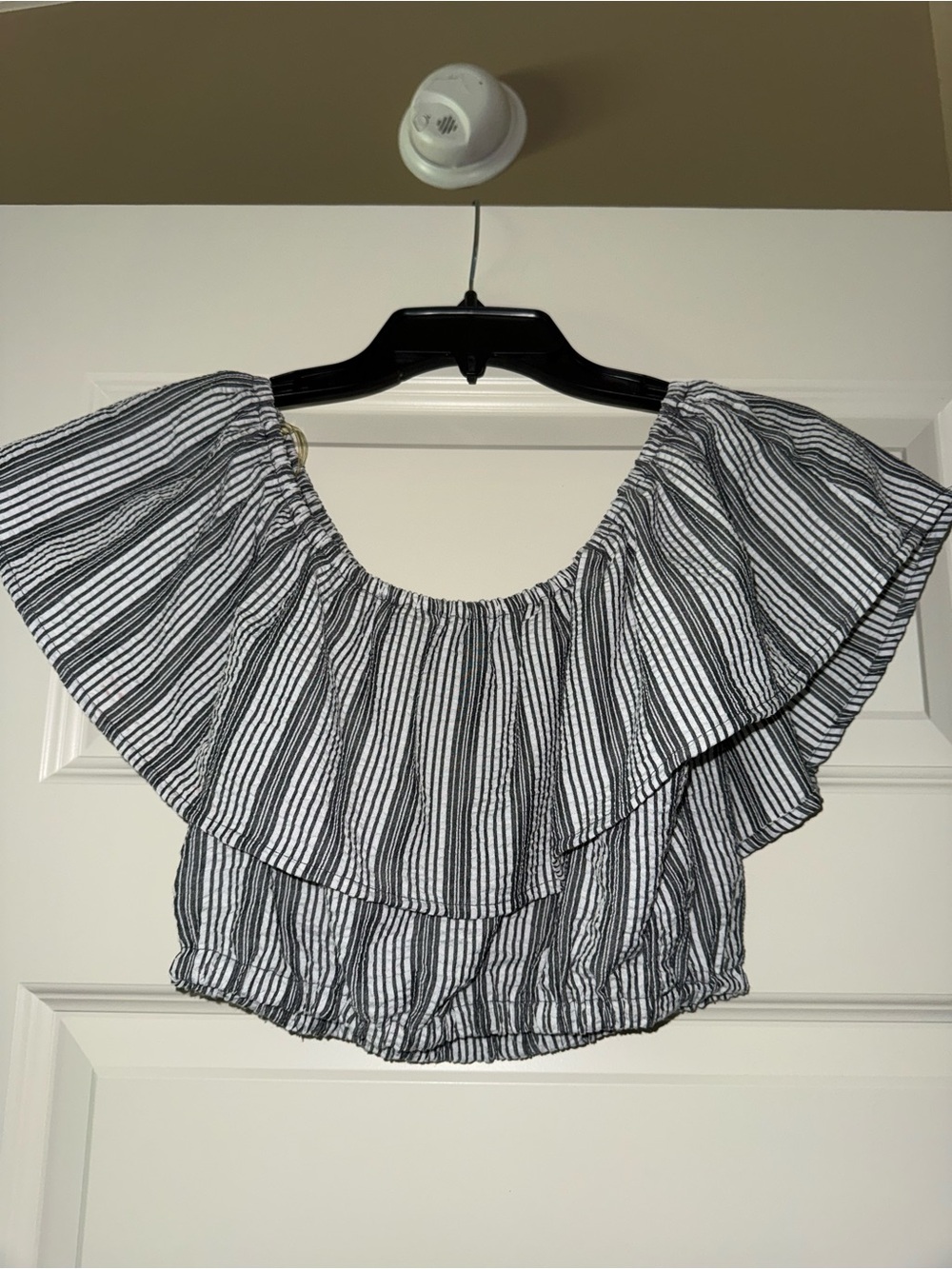 Gypsies & Moondust Black & White Striped Off-Shoulder Ruffle Crop Top